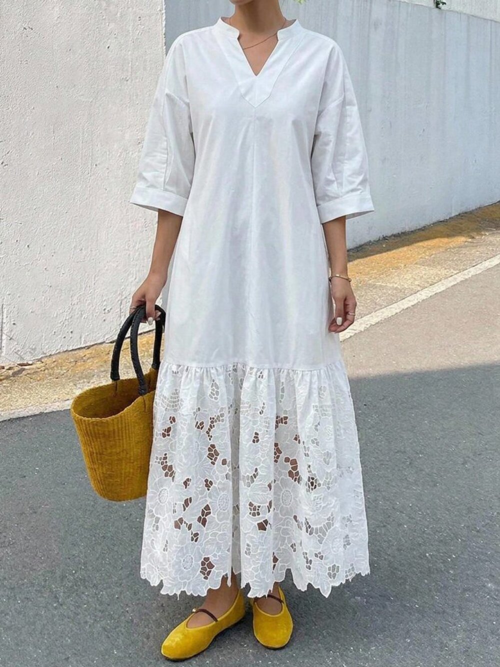 Beige Elegant Casual Women's Lace Patchwork Stand Collar Long Shirt Dress - Picture 7 of 9